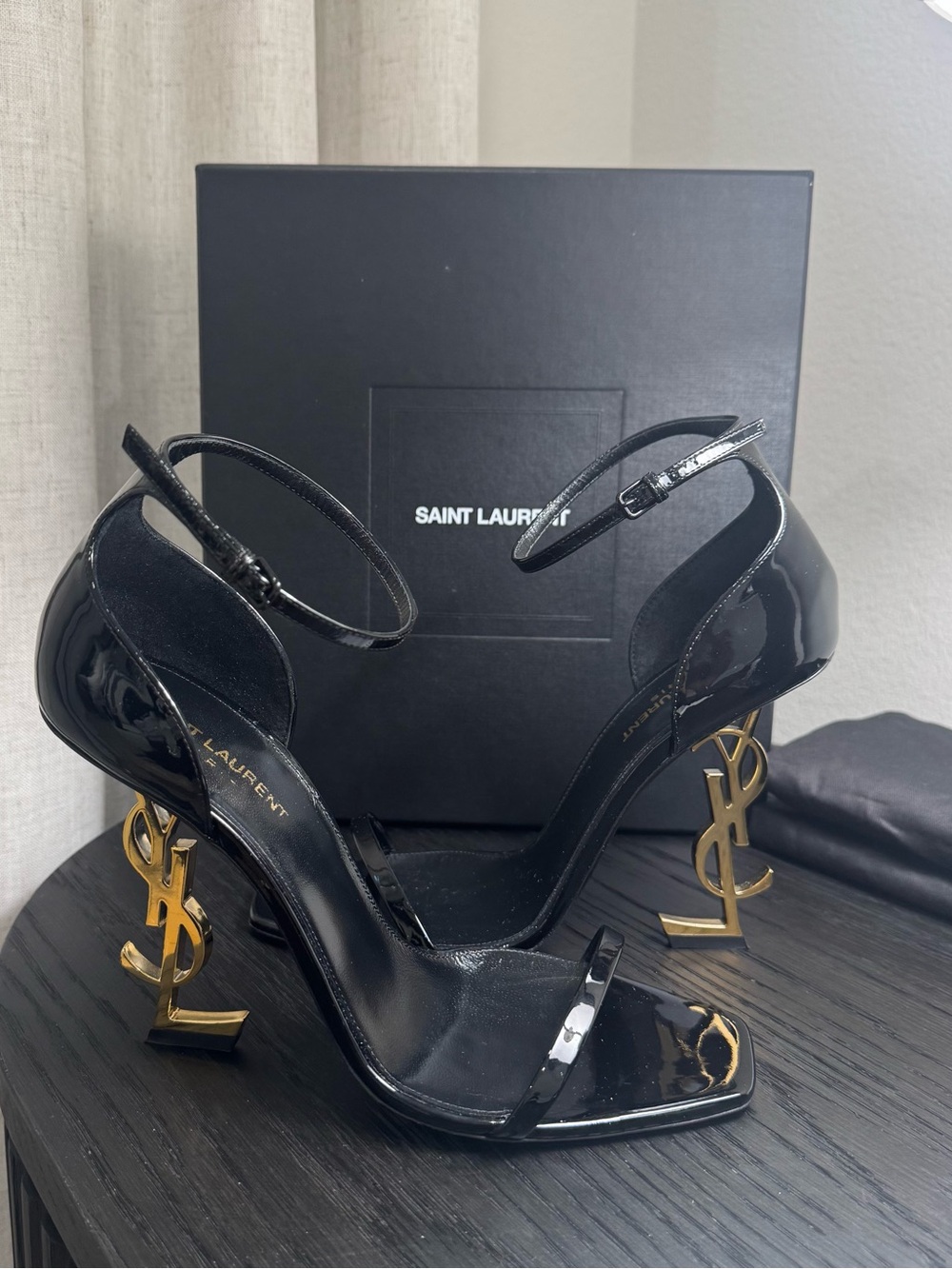 Saint Laurent YSL Opyum 110 Logo Heel Sandal Patent Black 40